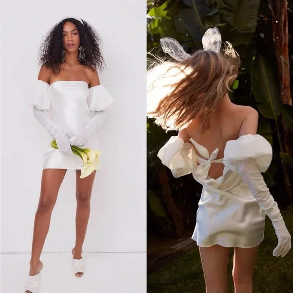 NWT For Love & Lemons Hazel Puff Sleeve Mini Dress with Gloves White Women's M